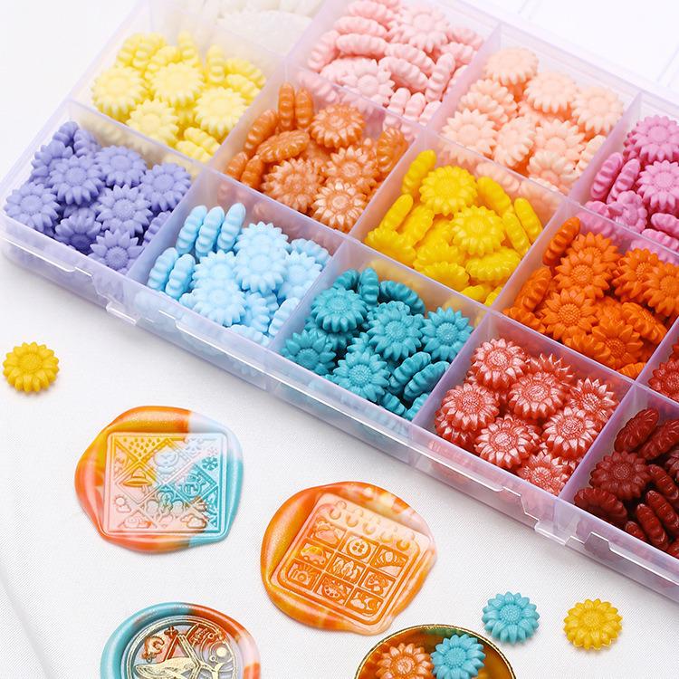 Sunflower Sealing Wax Granules In Transparent Box - Grid-Style Set with 10/15/24 Colors for Stamps