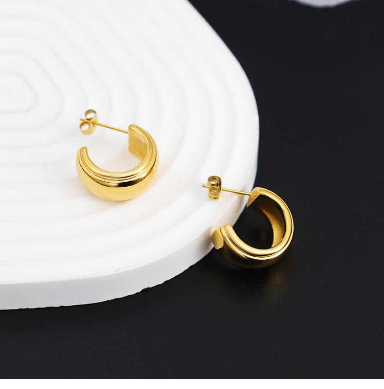 Elegant French C-Shaped Wide Noodle Stud Earrings - High-Quality Gold Plated Stainless Steel