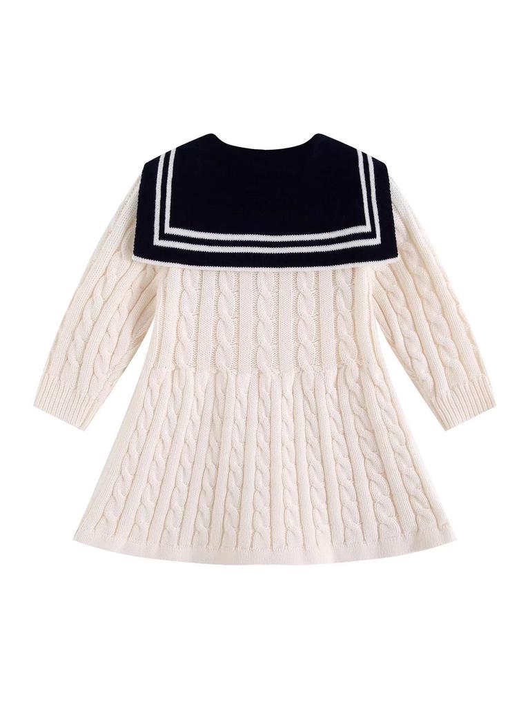 Sonbahar ve Kış İçin Pamuklu Kolej Tarzı Örgü Fiyonklu Bebek Kız Prenses Elbise