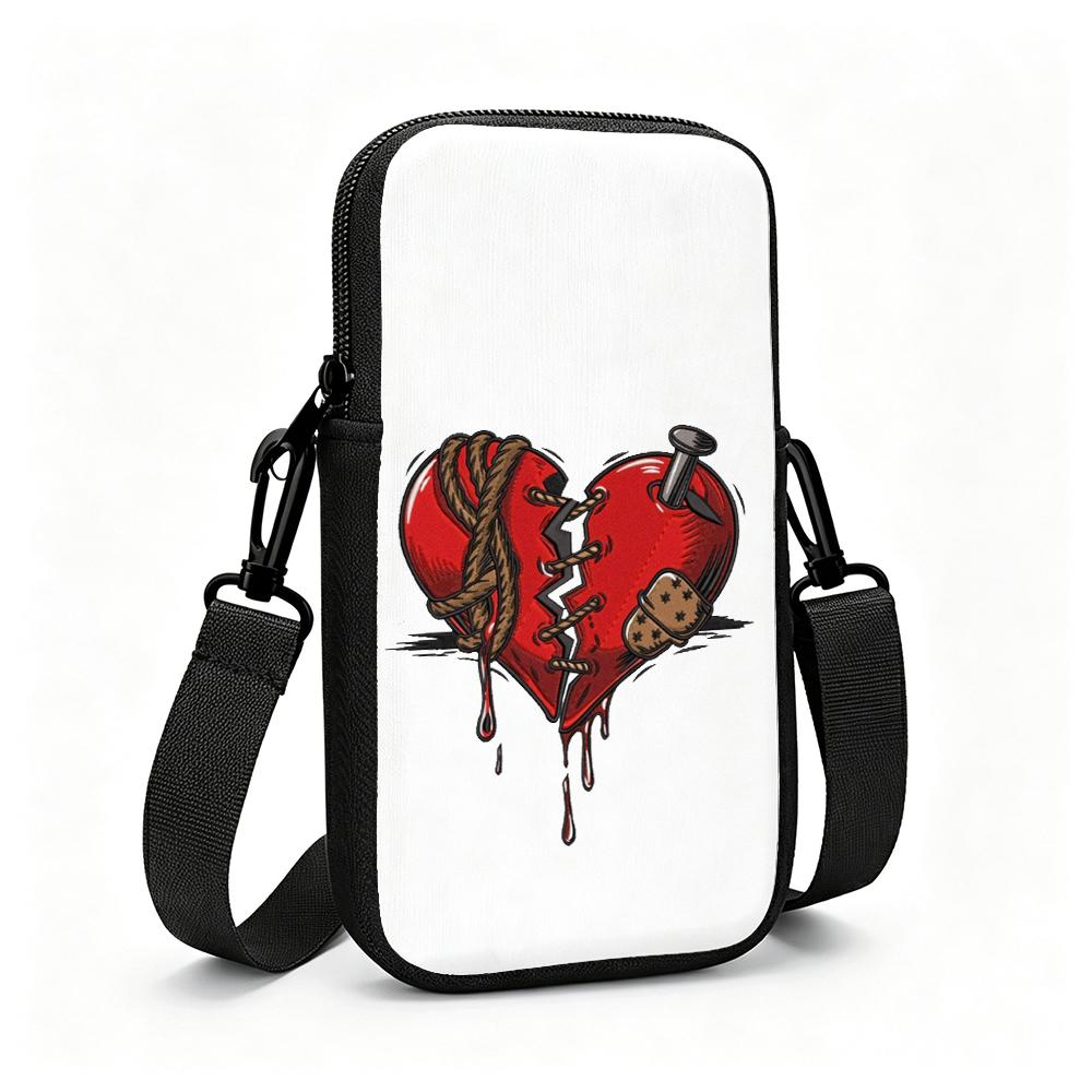 Gothic Stitched Broken Heart Graphic Crossbody Phone Bag, Punk Style PU Leather Cell Phone Sling Purse, Trendy Holiday Gift Aesthetic Shoulder Bag for