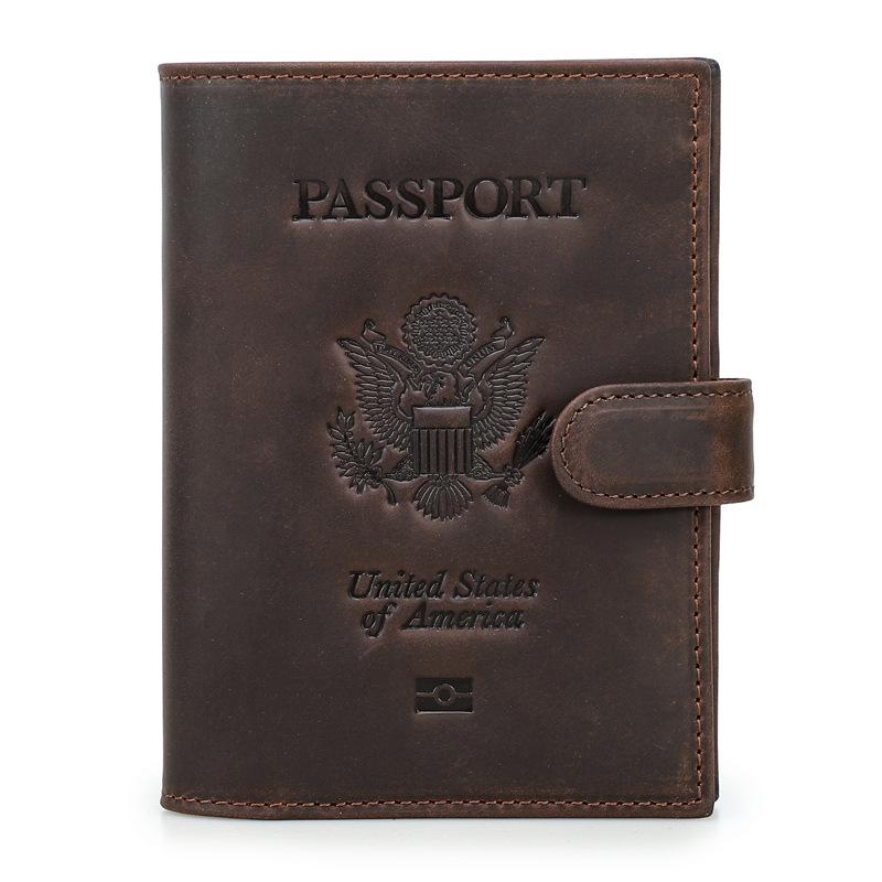 Black Angel Crazy Horse Leather Passport Holder with RFID, Anti-theft, Buckle, and AirTag Slot