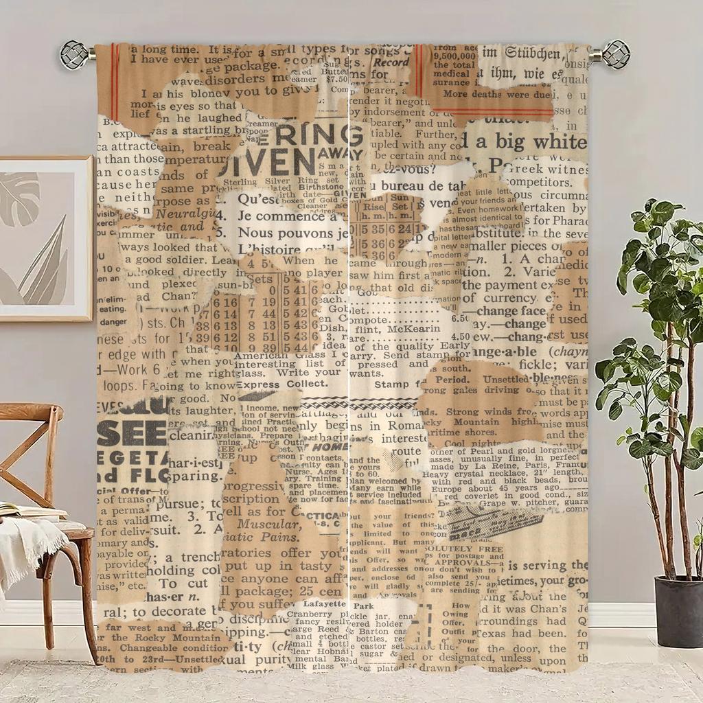2 Stück - Vorhang mit Zeitungsdruck - Polyestermaterial - geeignet für Schlafzimmer, Wohnzimmer, Arbeitszimmer - Sichtschutzvorhang