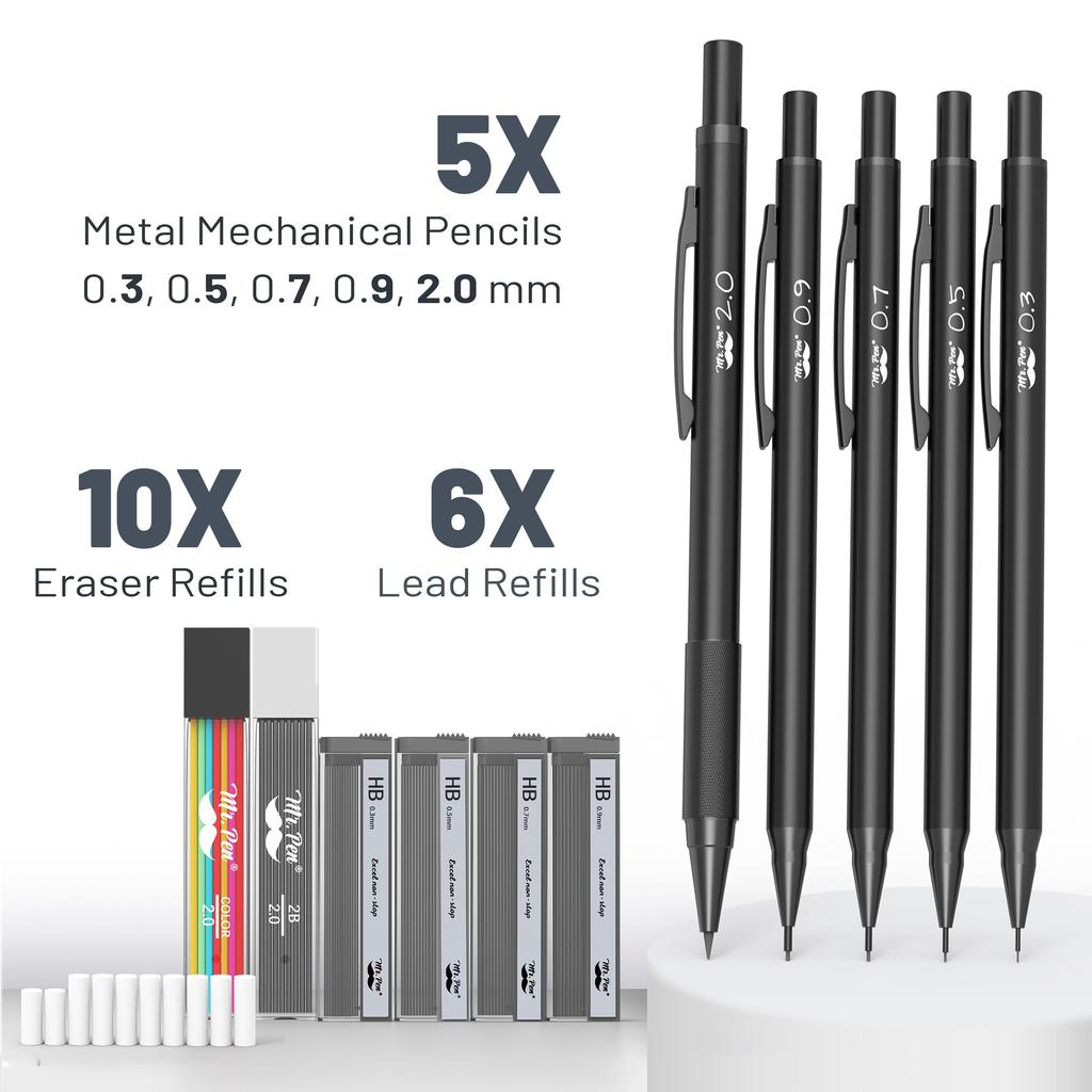 Pen Metal Mechanical Pencil Set with Lead and Eraser 5 and Perfect for Mr. Refills, Sizes, Black 0.3, 0.5, 0.7, 0.9, 2mm. Drawing.