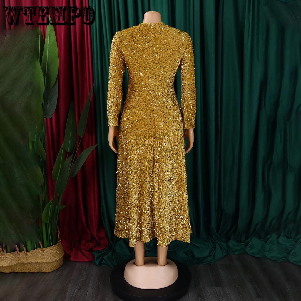 Sukienki damskie z okrągłym dekoltem, długim rękawem, jednolitym kolorem, cekinami, wysokim stanem, o średniej długości