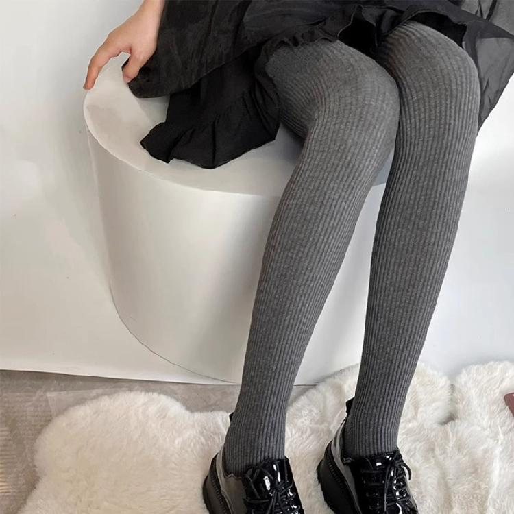 Women Solid Color Thicken Cotton Pantyhose Ribbed Knit Striped Sweater Tights