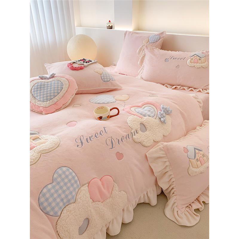 Winter Cartoon Princess Milk Velvet Bedding Set - Coral Fleece, Warm, Four-Piece for Girls