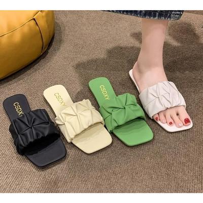 Fashion Summer Slippers for Women Flip Flops Flats New Pleated Korean Fashion Slippers Women Sandals Green Slip On Shoes Big Size 36-42