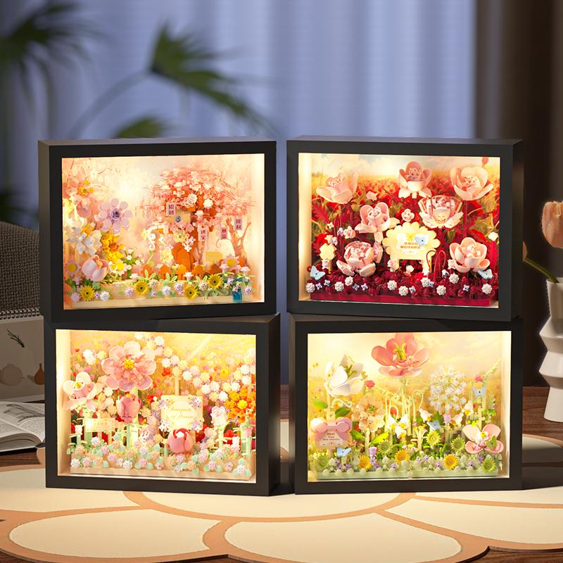 Creative MOC Assembled Building Block Toy Cherry Blossom, Rose, Sunflower, Santa Claus Flower Photo Frame Series Birthday Gift