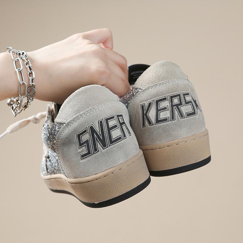 2025 New Korean Dongdaemun Soft Leather Sequins Do Old Stars Small Dirty Shoes Casual Sports Comfortable Dirty Shoes Women