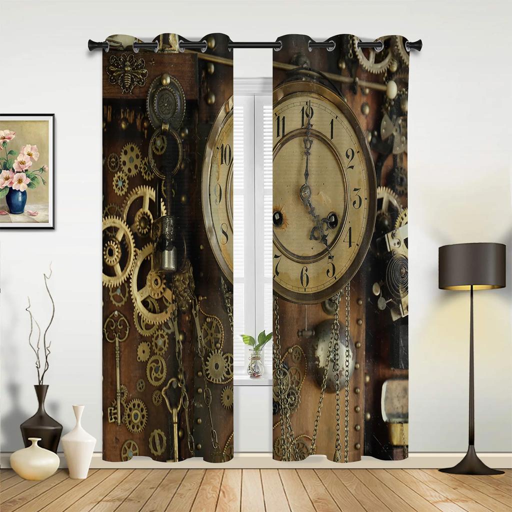 Retro Mechanical Gear Clock Blue Hall Curtains Living Room Kitchen Boy Girl Bedroom Long Window Curtain Cortinas Home Decor Polyester Ideal For