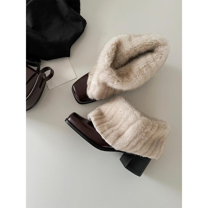 Stylish niche personalized warm snow boots women's French square head thick heel plush winter plush cotton boots