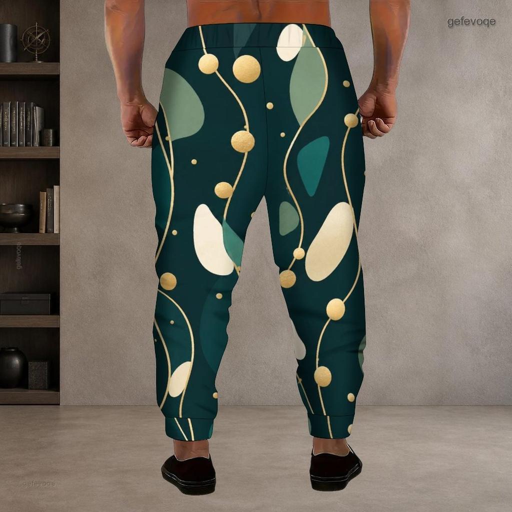 Men Plus Size Drawstring Waist Printed Jogger Pants Dark Green Abstract Pattern Side Pockets Cuffed Ankle