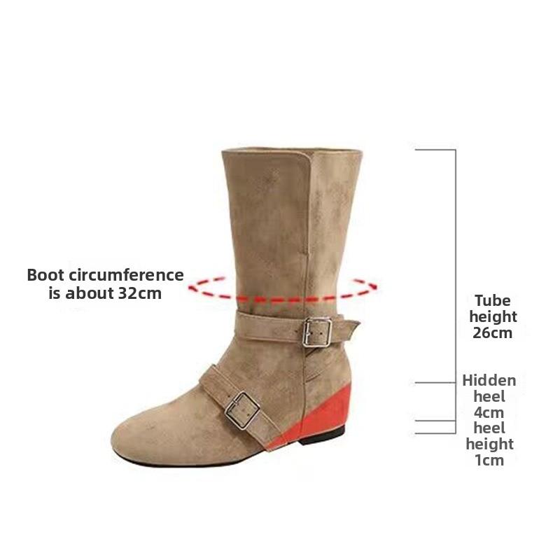 Fashion Seoul Inspired round Toe Motorcycle Boots Women Metal Bule Velvet Surface Knight Sle Mid-Calf Flat Heel Booties Hight Top Shoes