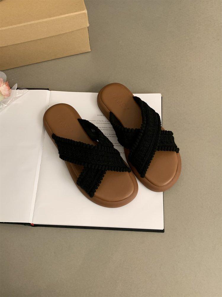 

Ethnic cool slippers 2025 new summer vintage woven cross bohemian student platform roman shoes 35 чёрный