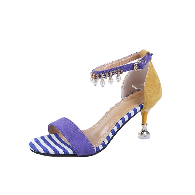 Новые летние женские сандалии дышащие женские туфли на высоком каблуке праздничная обувь в римском стиле модная танцевальная обувь полосатые туфли на шпильке темперамент 35 4313₽