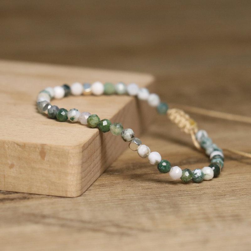 Tree Agate Moss Agate Faceted Bead Bracelet – Gold Accent Adjustable Boho Jewelry, Nature Calm Gift for Women