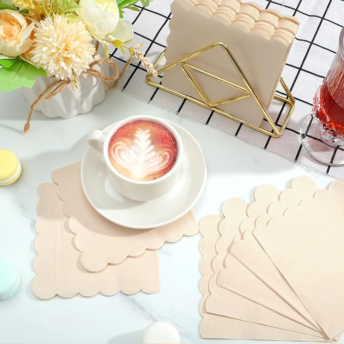 100Pcs Cocktail Napkins 2-Ply Scalloped Folded 5x5Inch Disposable Dessert Beverage Napkin for Home Wedding Table Party Supplies