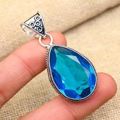 Dazzling Blue Topaz Gemstone Handmade 925 Solid Sterling Silver Pendant For Wedding Gift