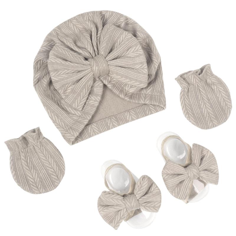 Baby Turban Hat Hospital Nursery Hat with Gloves & Feet Bowknot Newborns Soft Bonnet Caps Set for Baby 0-3 Month