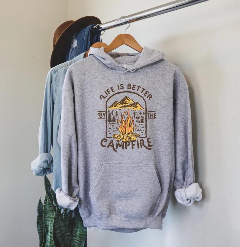 Harajuku Trendy Campfire Graphic Hoodies Fall Winter Long Sleeves Fleece Sweatshirts Loose Hooded Pullover Women Men Clothing S