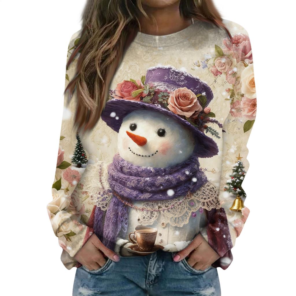 Women's Fashion Casual Long Sleeve Christmas Printed Neck Sweatshirt Top