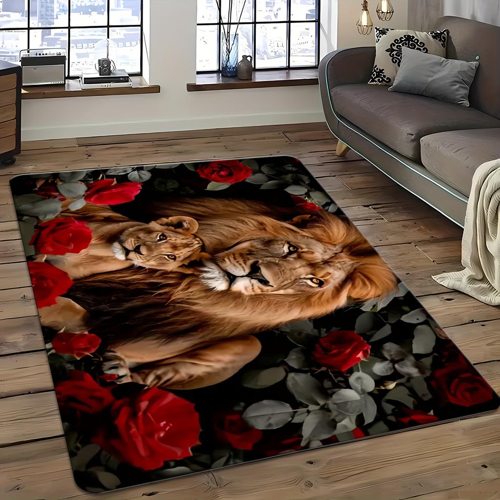 Exotic Lion Pair and Red Rose Floral Print Area Rug for Living Room Bedroom Home Decor Mat Realistic Jungle Art Gift Idea