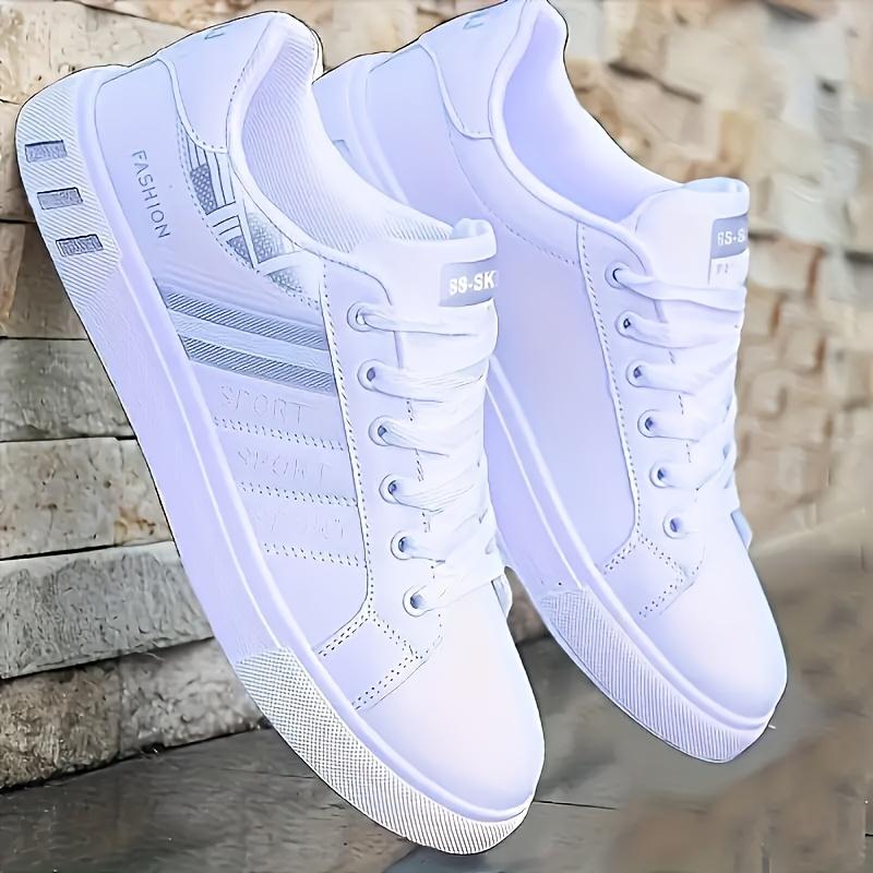 Men's Lace-Up Sneakers - White with Blue & Red Stripe Design, Breathable PU Upper, Durable PVC Sole, Comfortable Casual Shoes for Casual Attire