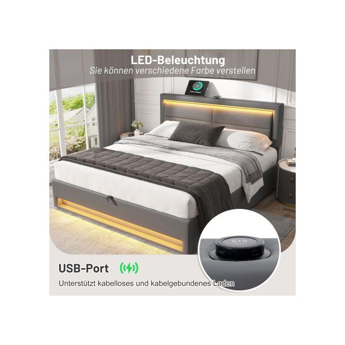 Lit rembourré - MUVOE - 140 x 200 cm - USB - Éclairage LED - Rangement intégré
