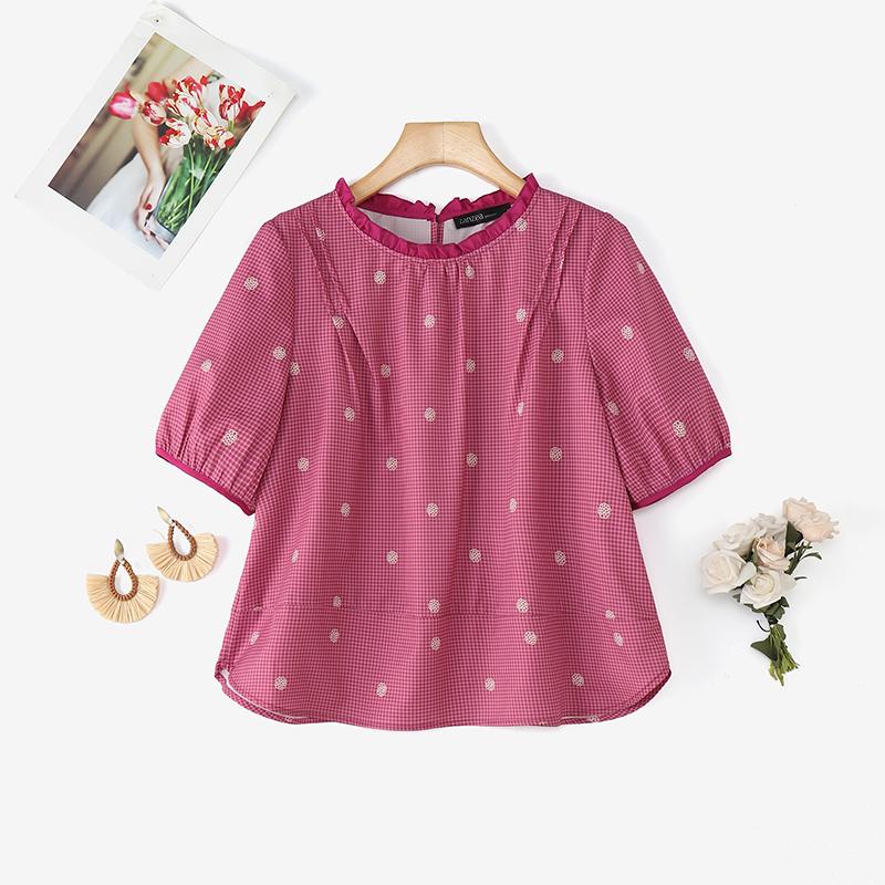 ZANZEA Women Summer Grid Print Casual Round Neck Short Sleeve Blouse