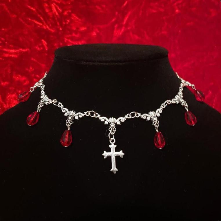 Romantic Gothic Blood Drop Crystal Bead Tassel Flower Cross Pendant Choker Necklace for Women Trendy Luxury Jewelry Party Gift