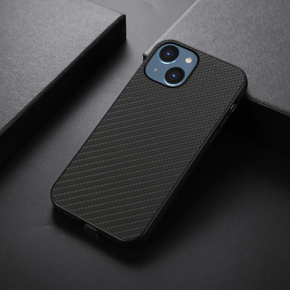 For iPhone 15 Plus PU Leather Coated TPU Mobile Case Carbon Fiber Texture Phone Cover