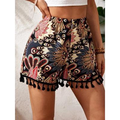 Ethnic Print Stretch High Waist Elegant Hem Tassel Shorts for Loose Commuting
