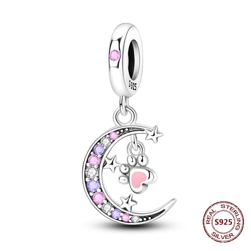 Copper Original Dog Cat Safety Chain Lazy Cat Pink Zircon Pet Paw Print Footprint Charms Fit Bracelet For Women Diy Jewelry