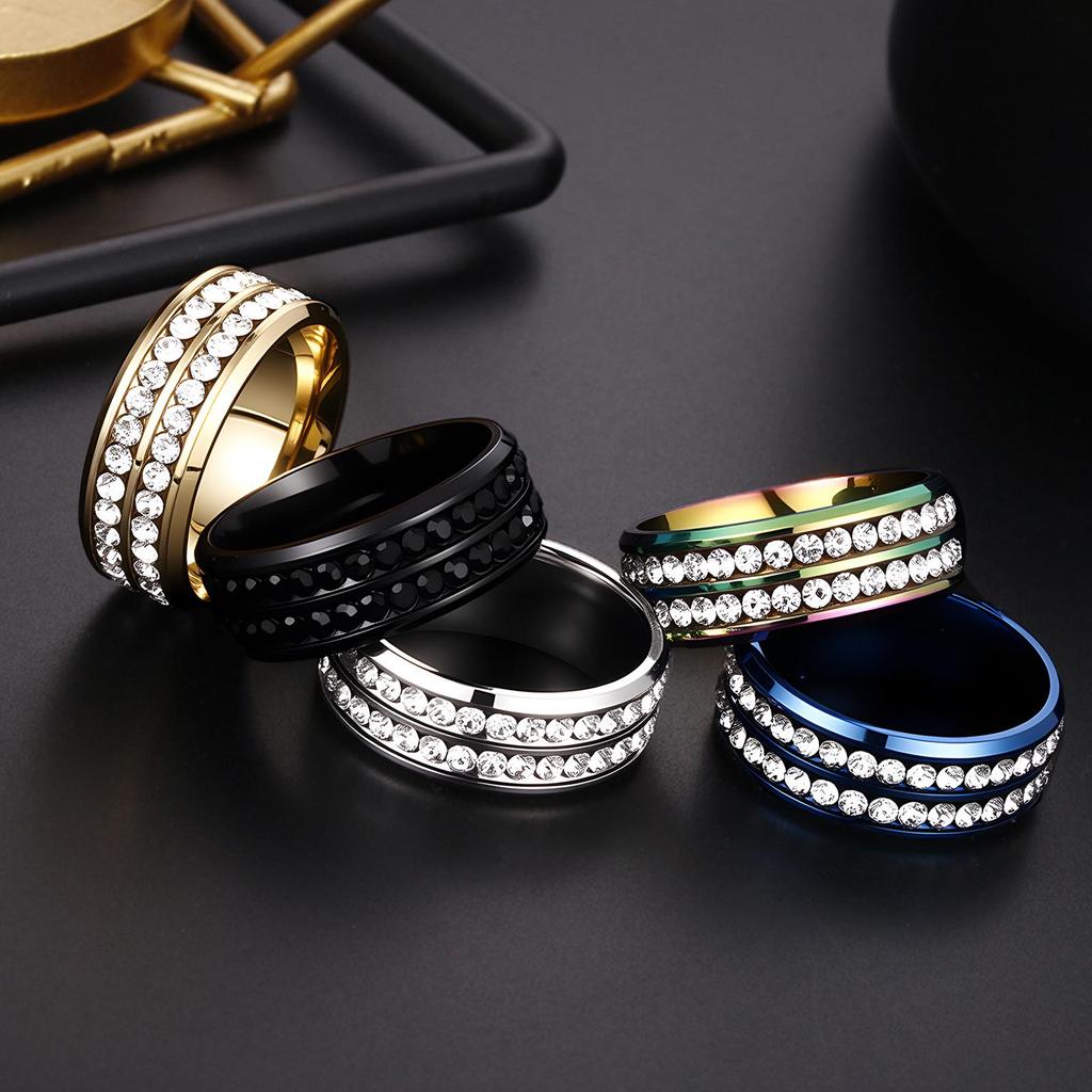 European and American Style Titanium Steel Double Row Diamond Ring - Korean High-end Stainless Steel Jewelry