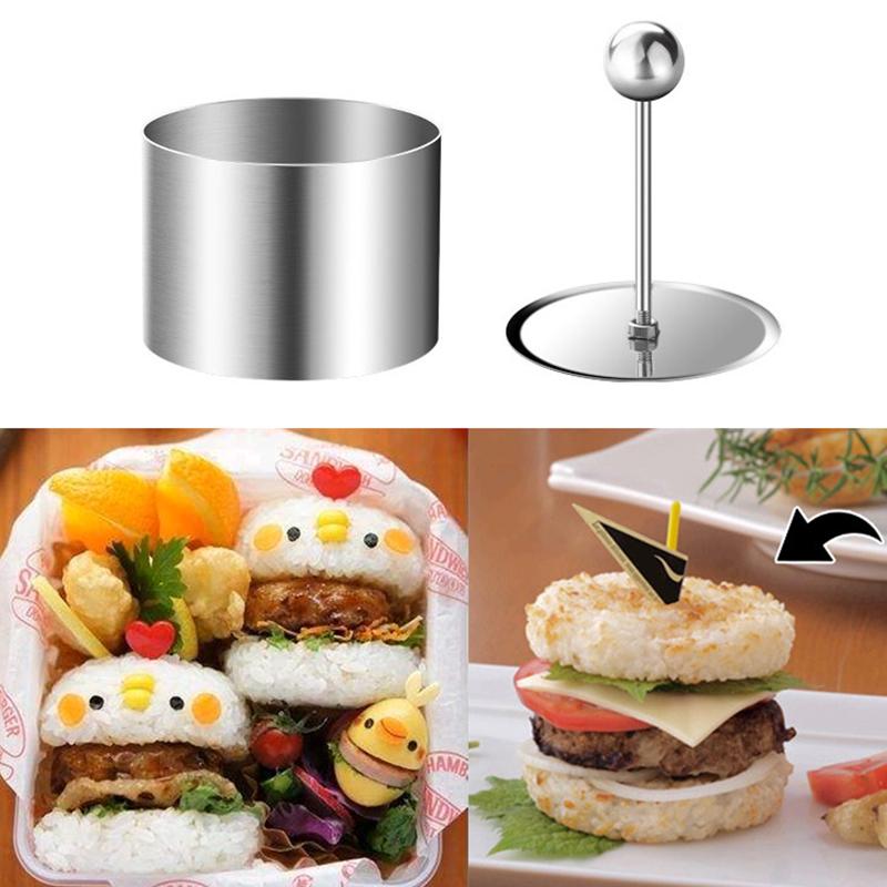 Runde Reisbällchenform mit Ausdrücker Edelstahl Dessert Mousse Kuchenringe Leichtes Entformen Sushi-Zubereitungsform Küchenwerkzeug