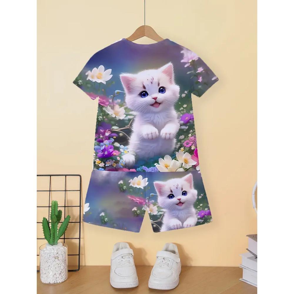 Children's Cat T-Shirt Shorts Set Summer Casual Girl Clothes Short Sleeve Kids Sets for Children Tops Outdoor Sport Girl Outfits