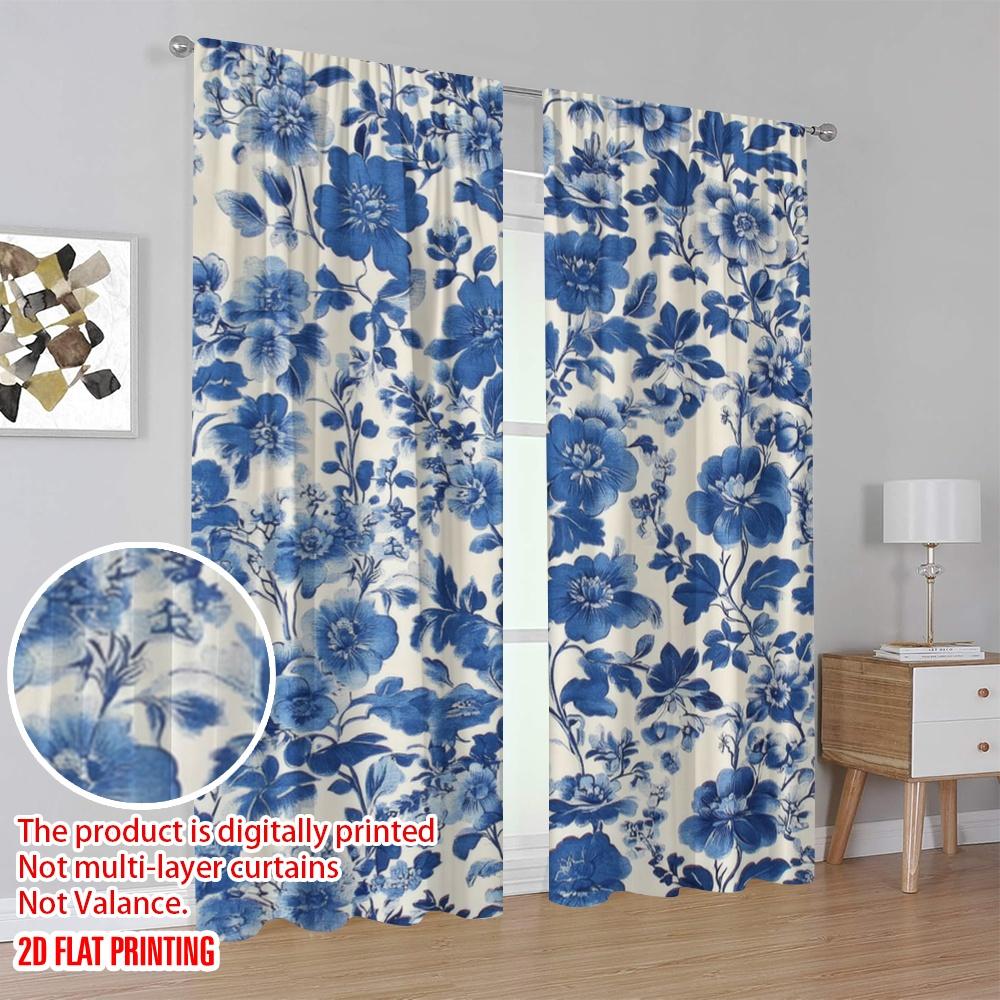 2 τεμ., Δίχρωμη εκτύπωση Επίπεδη Εκτύπωση Κουρτίνες Ψηφιακά Εκτυπωμένη Μπλε Ανθισμένη Ταπετσαρία 100% Πολυεστέρας (χωρίς ράβδο) Χρήση Όλες τις Εποχές για Καθιστικό