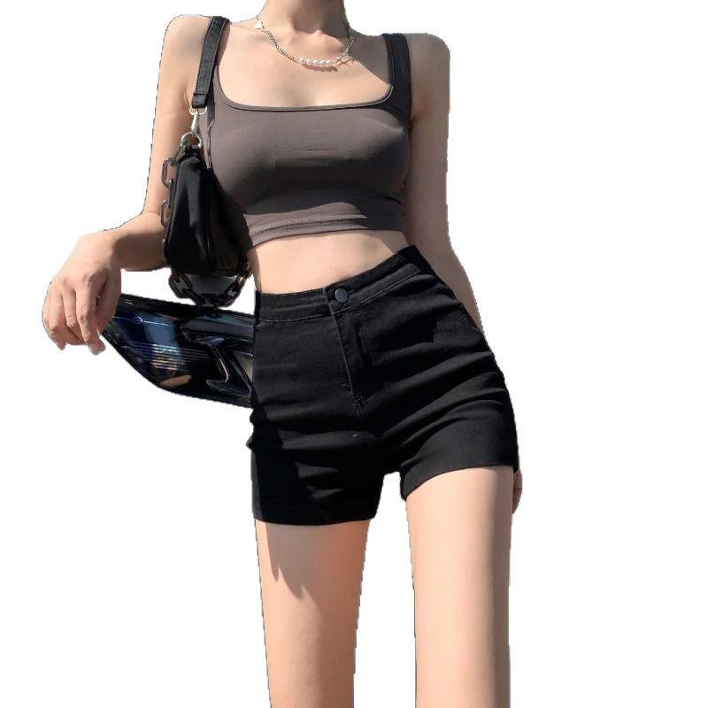 Schwarze High-Waist Stretch-Denim-Shorts für Damen 2025 - Schlankmachende Hotpants für Frühling/Sommer