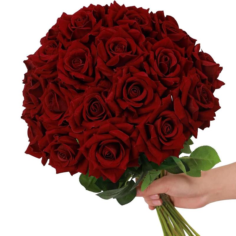 50pcs Artificial Roses Velvet Flowers with Long Stem Fake Roses Bouquet DIY for Home Garden Wedding Decor