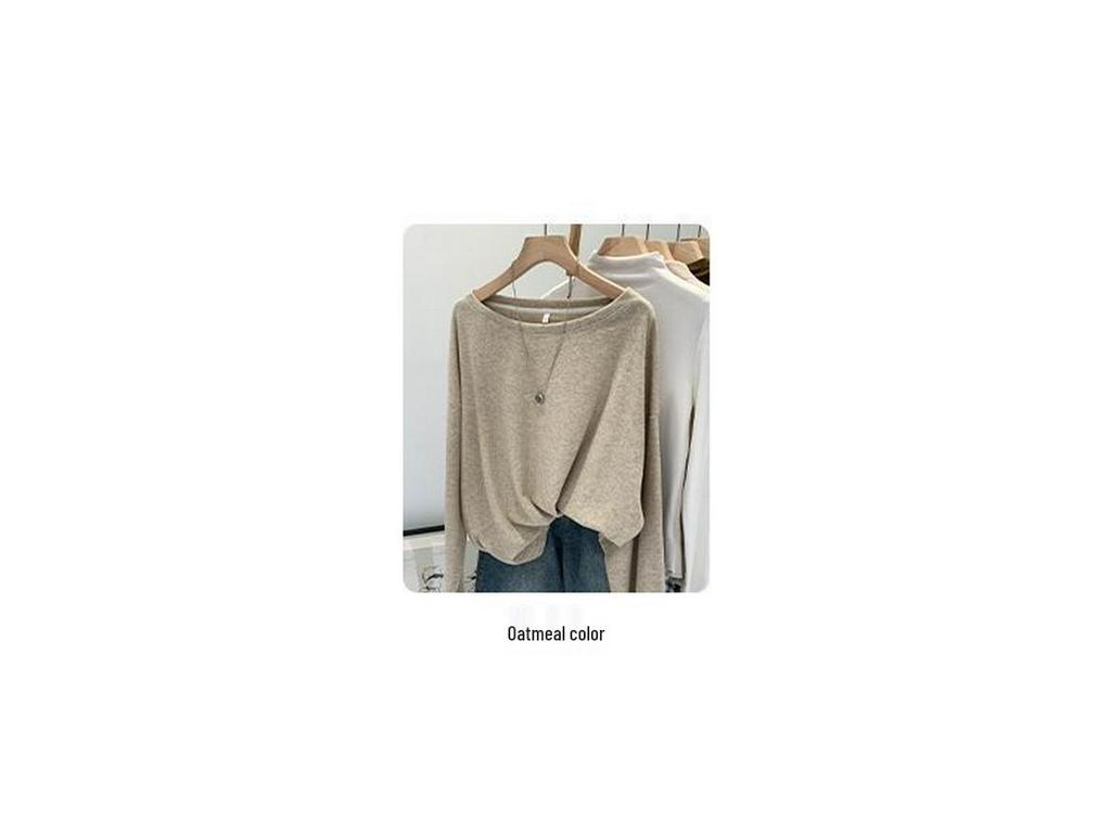 Women's Oatmeal Long-Sleeve Brushed Skin-Friendly Relaxed Fit Autumn T-Shirt