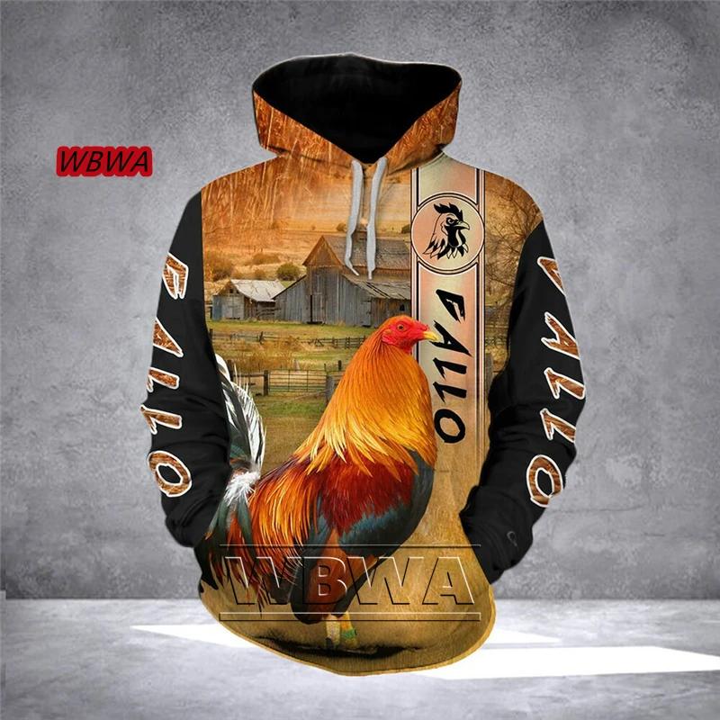 Krásná unisexová luxusní mikina s kapucí s celoplošným 3D potiskem kohouta, pánská mikina, pulovr, ležérní bunda Harajuku, tepláková souprava