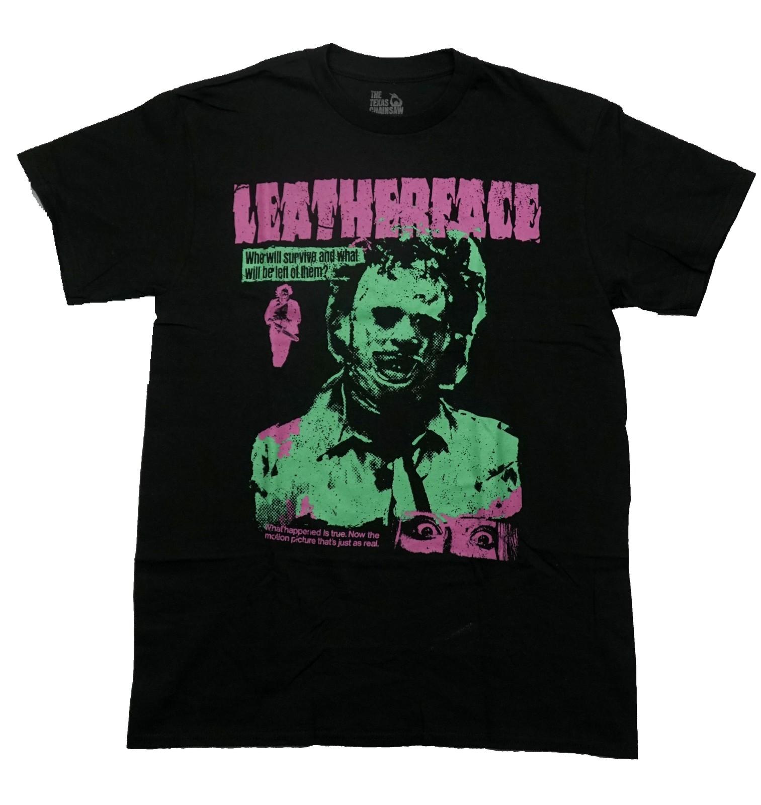 Texas Chainsaw Massacre New Adult T-Shirt - Green Image of Leatherface Pink Logo XL