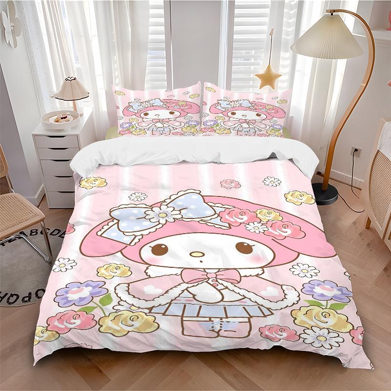3pcs My Melody's Floral Fantasy Printed Duvet Cover Set (1 * Cover+2 * Pillowcase, Without Core), Suitable for Home Bedroom, Guest Room, Dormitor