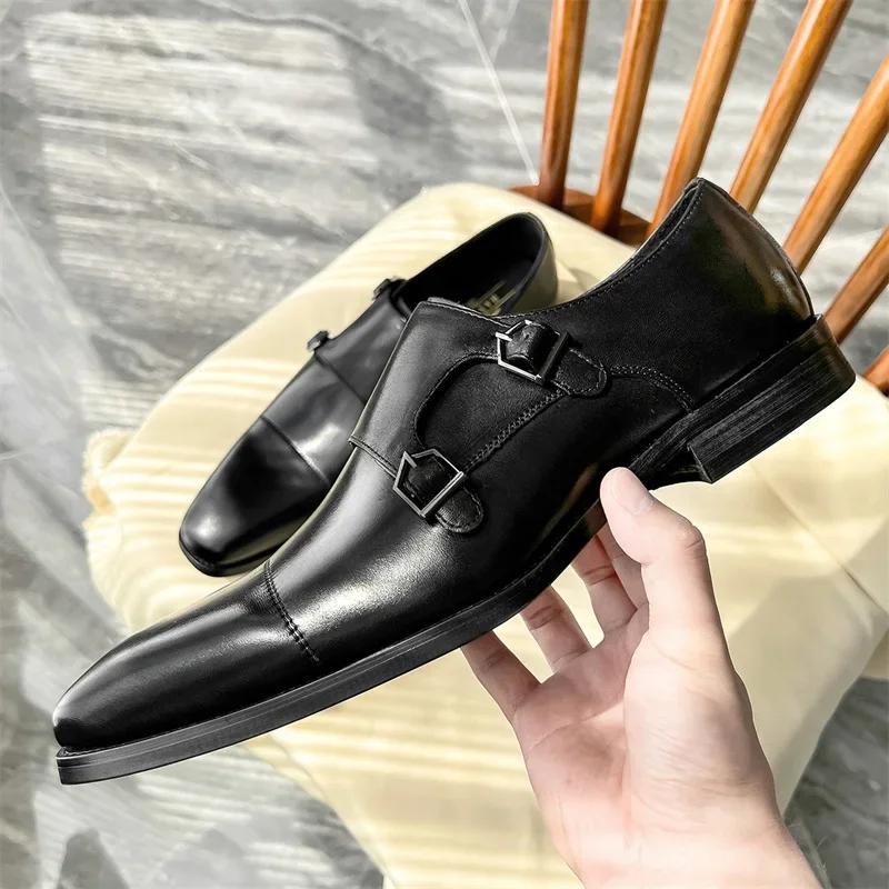 2024 New Business Dress Shoes Men's Leather Cowhide Monk Shoes British Style Square Head Black Coffee Autum Designer Loafers Men
