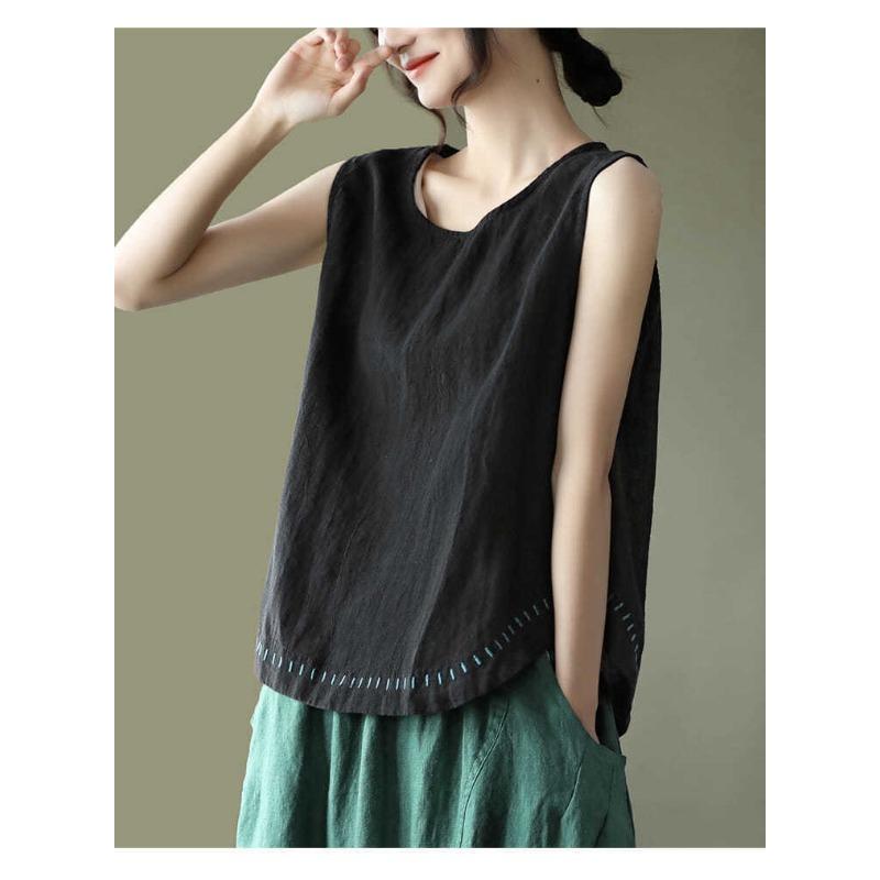 Solid Color Cotton and Linen Embroidered Vest T-shirt Women's Summer Loose Casual Sleeveless Top