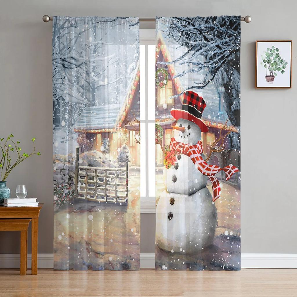 Light Filtering Christmas Snowman Snow Scene Tulle Curtains Living Room Bedroom Decoration Transparent Chiffon Voile Window Curtain Polyester Washable