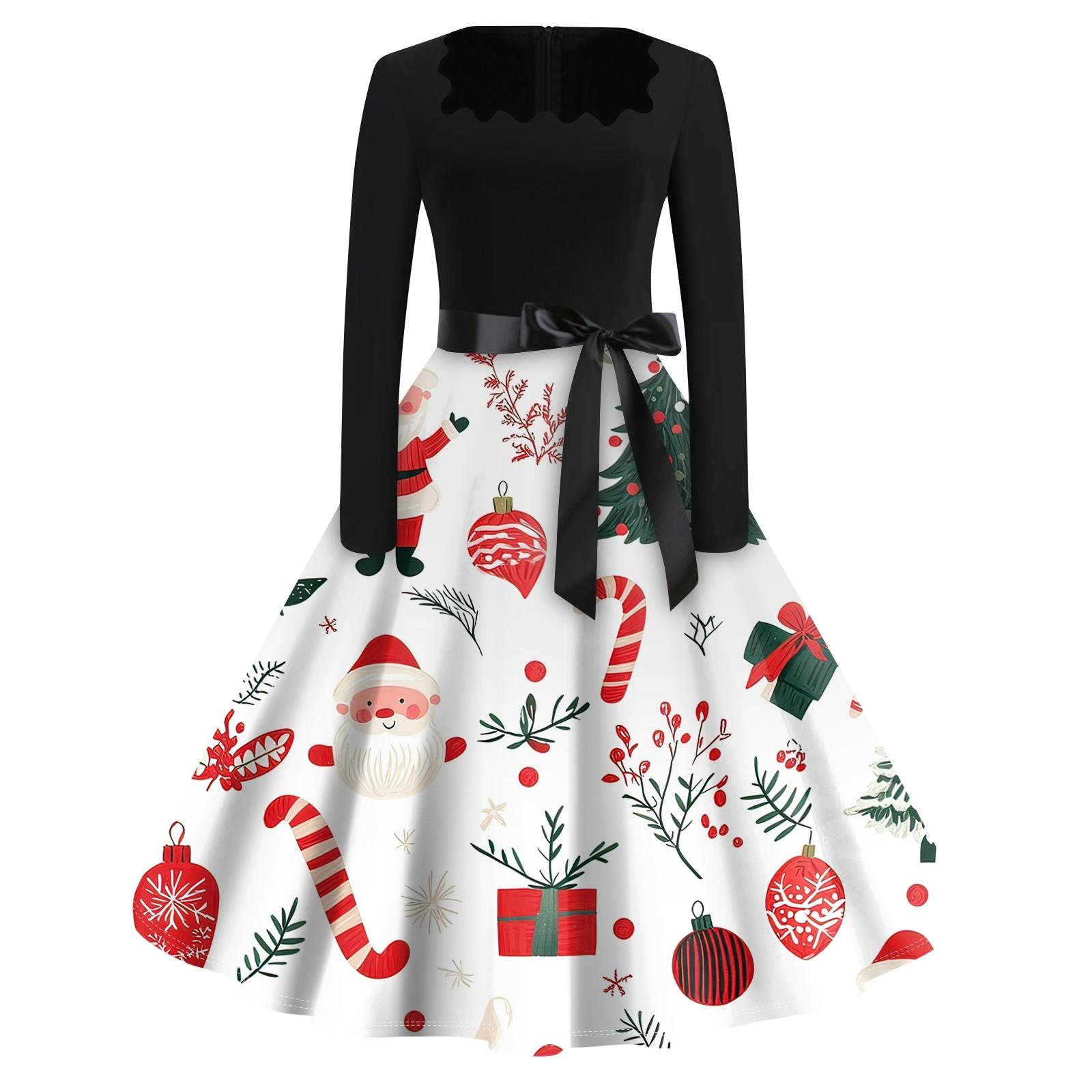 

Рождественский принт расклешенное платье для женщин платье с длинным рукавом ажурное вечернее повседневное платье с квадратным воротником XXL белый