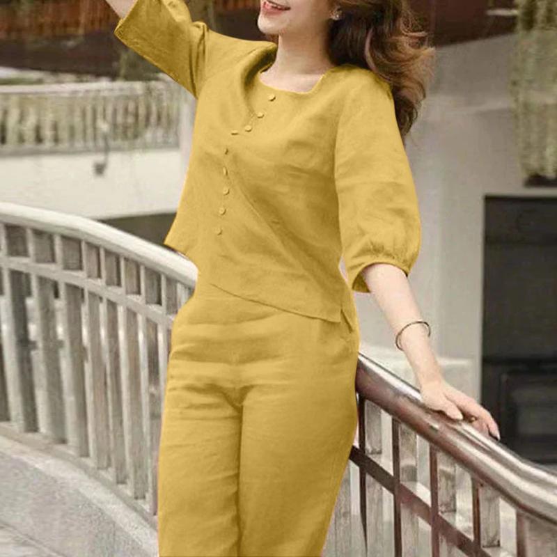 

ZANZEA Женская блузка и брюки повседневный комплект из двух предметов с брюками XL жёлтый