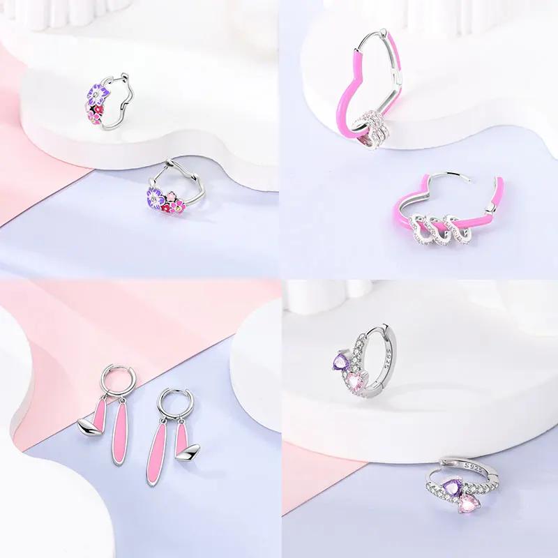 Pink Series Romantic Flower Butterfly Unicorn Tulip Geometry 925 Silver Earrings Boutique Fine Jewelry Gifts for Women