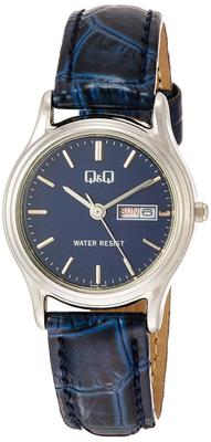 Citizen Analog Datum Tag Leder Marineblau Q&Q Damenuhr, Wasserdicht, Zifferblatt, Anzeige, Armband, A205-302,